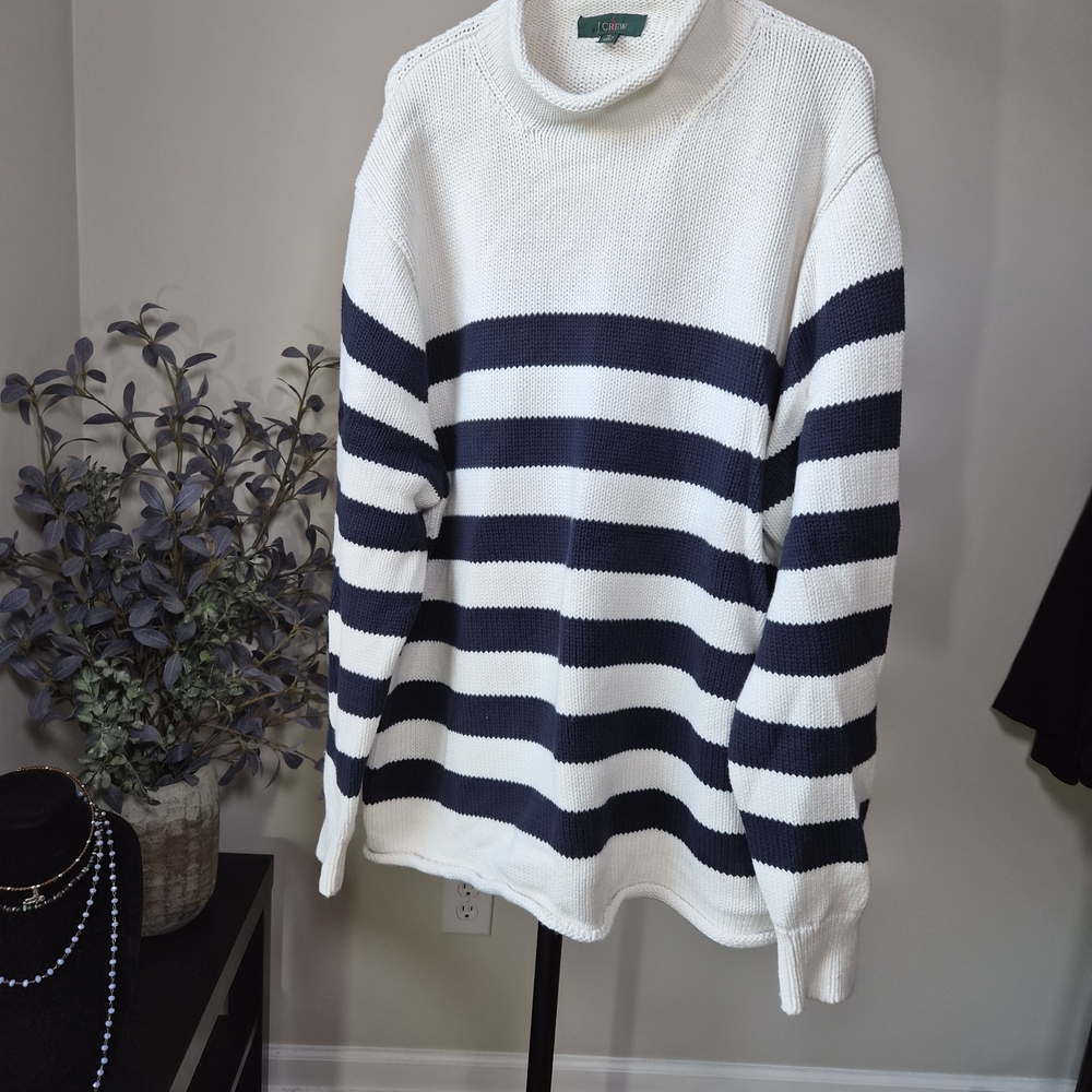 J. Crew Men's Turtleneck Sweater in Navy Blue and White Stripes